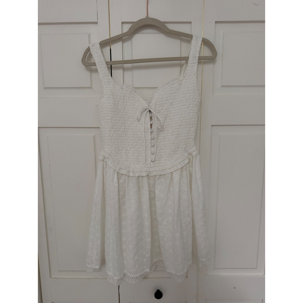 Cattivo White Eyelet Smocked Mini Dress With Lace Trim NWT M